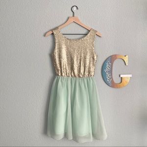 Champagne Gold Sequin and Mint Chiffon Maison Jules Mini Dress